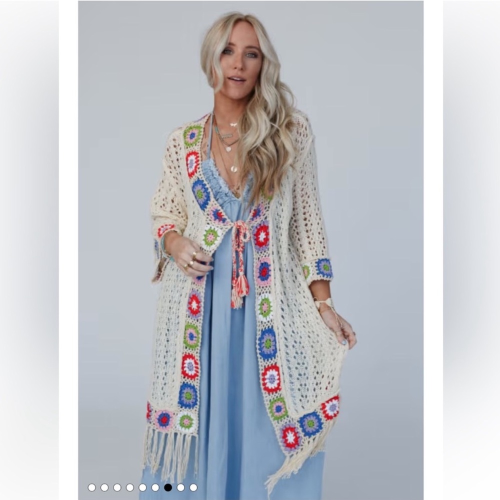 POL Bohemian Crochet Cardigan Sweater - Cream and Multicolor